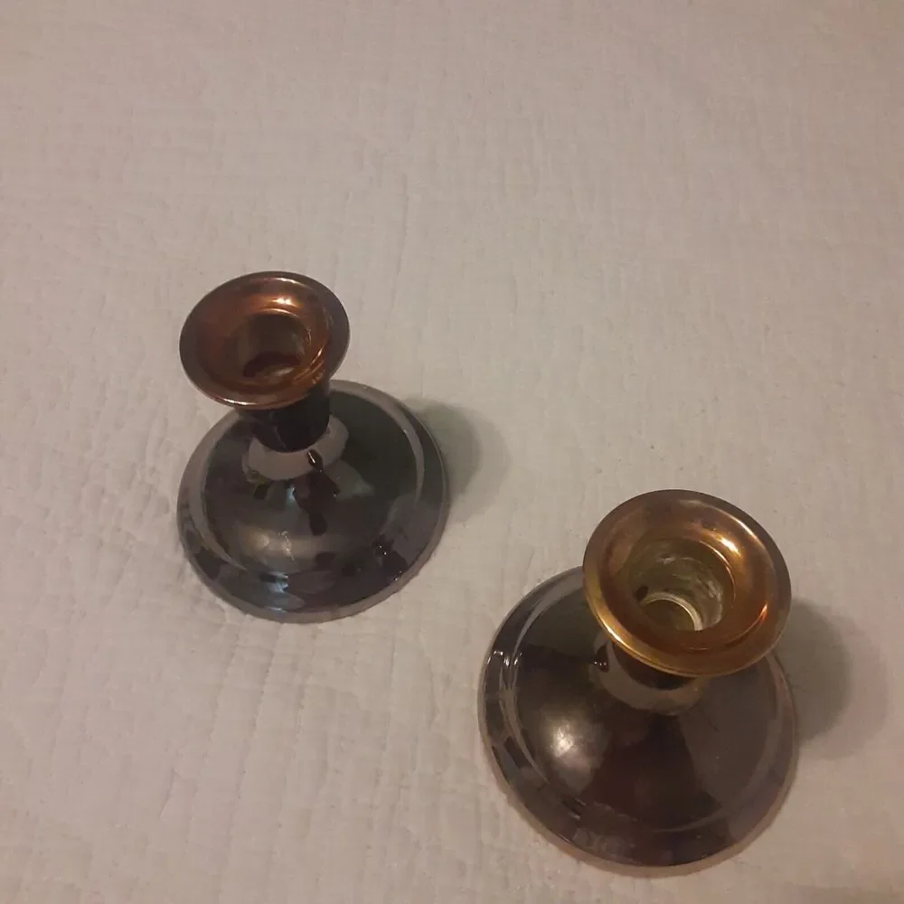 Vintage Tarnish Resistant Copper Plate /Glass Candlesticks ×2